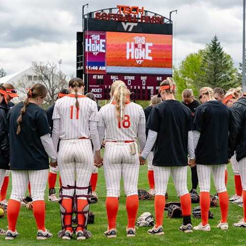 Virginia Tech Women's Softball Team Huddle and Video Display
